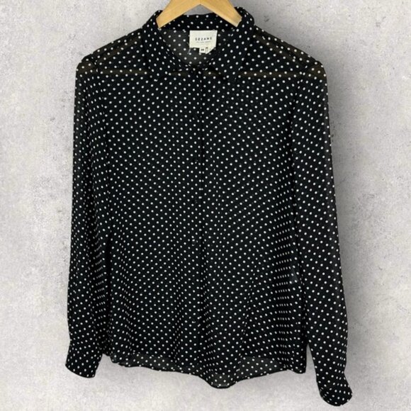 Sezane Black Tomboy Shirt Sheer Blouse Size 36 French US 4 Polka Dot Collared - Picture 5 of 12